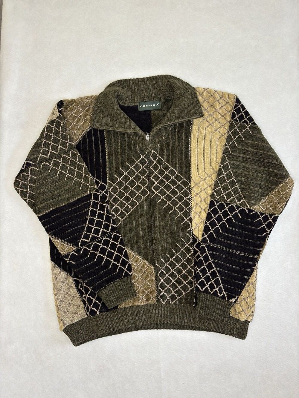 Vintage Tundra Canada 3D Knit Quarter-Zip Sweater Large Green Coogi Style